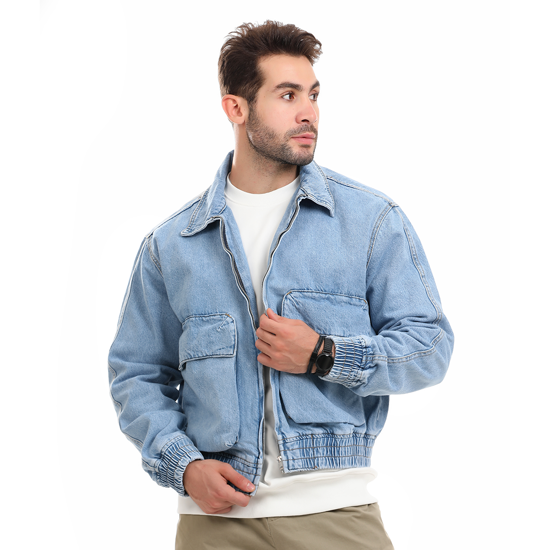 Denim Jacket with Zipper and Two Pockets