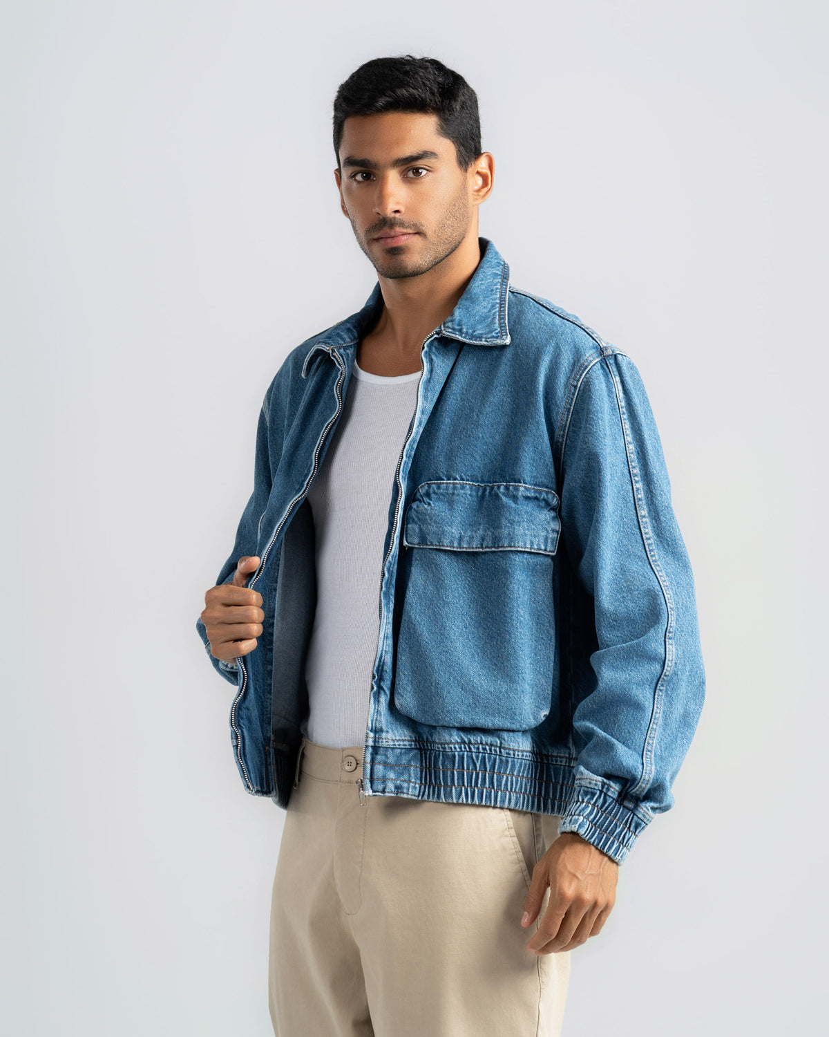 Denim Jacket with Zipper and Two Pockets