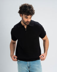 PLAITED TEXTURED KNIT POLO SHIRT With Zip