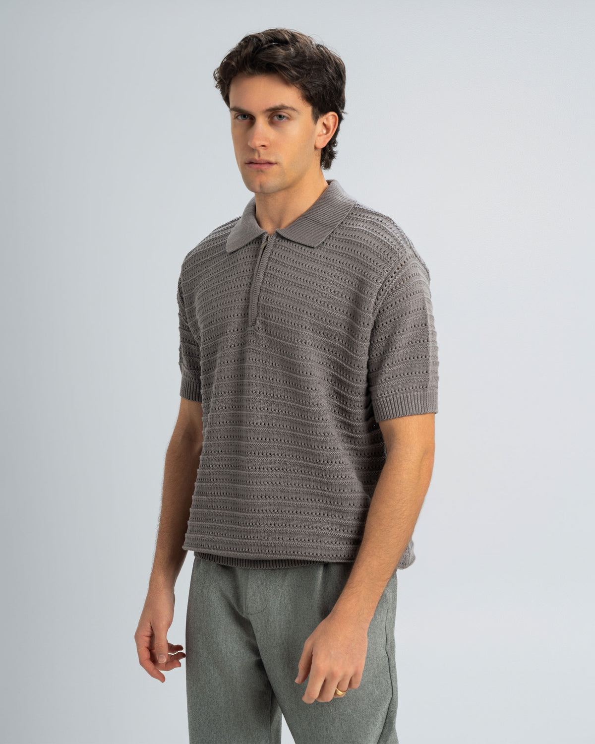 PLAITED TEXTURED KNIT POLO SHIRT With Zip