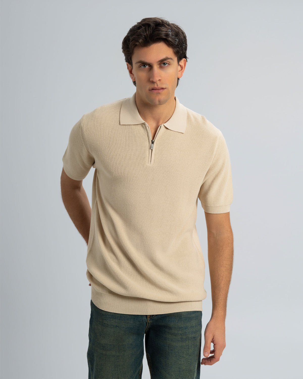 TEXTURED KNIT POLO SHIRT With Zip