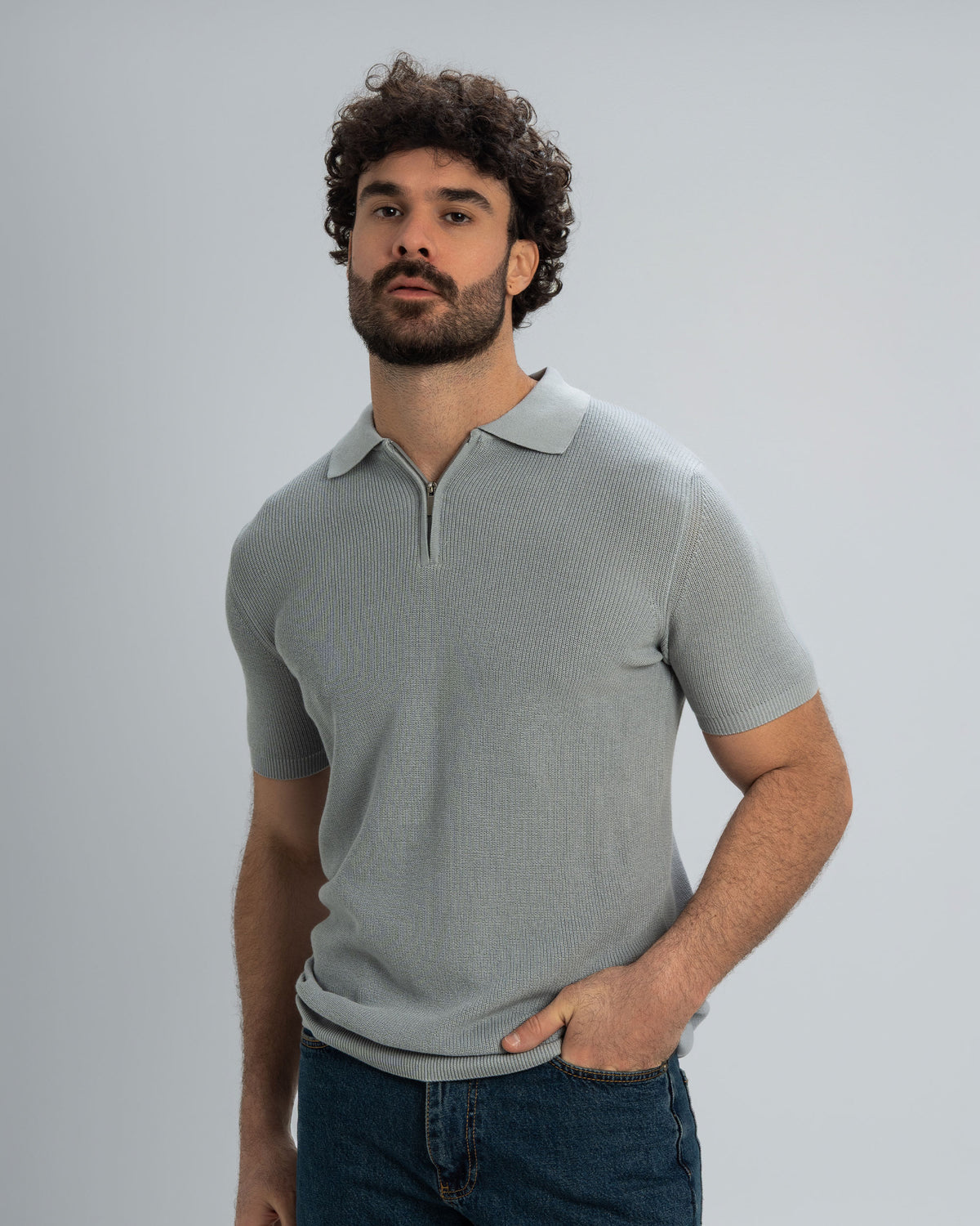 TEXTURED KNIT POLO SHIRT With Zip