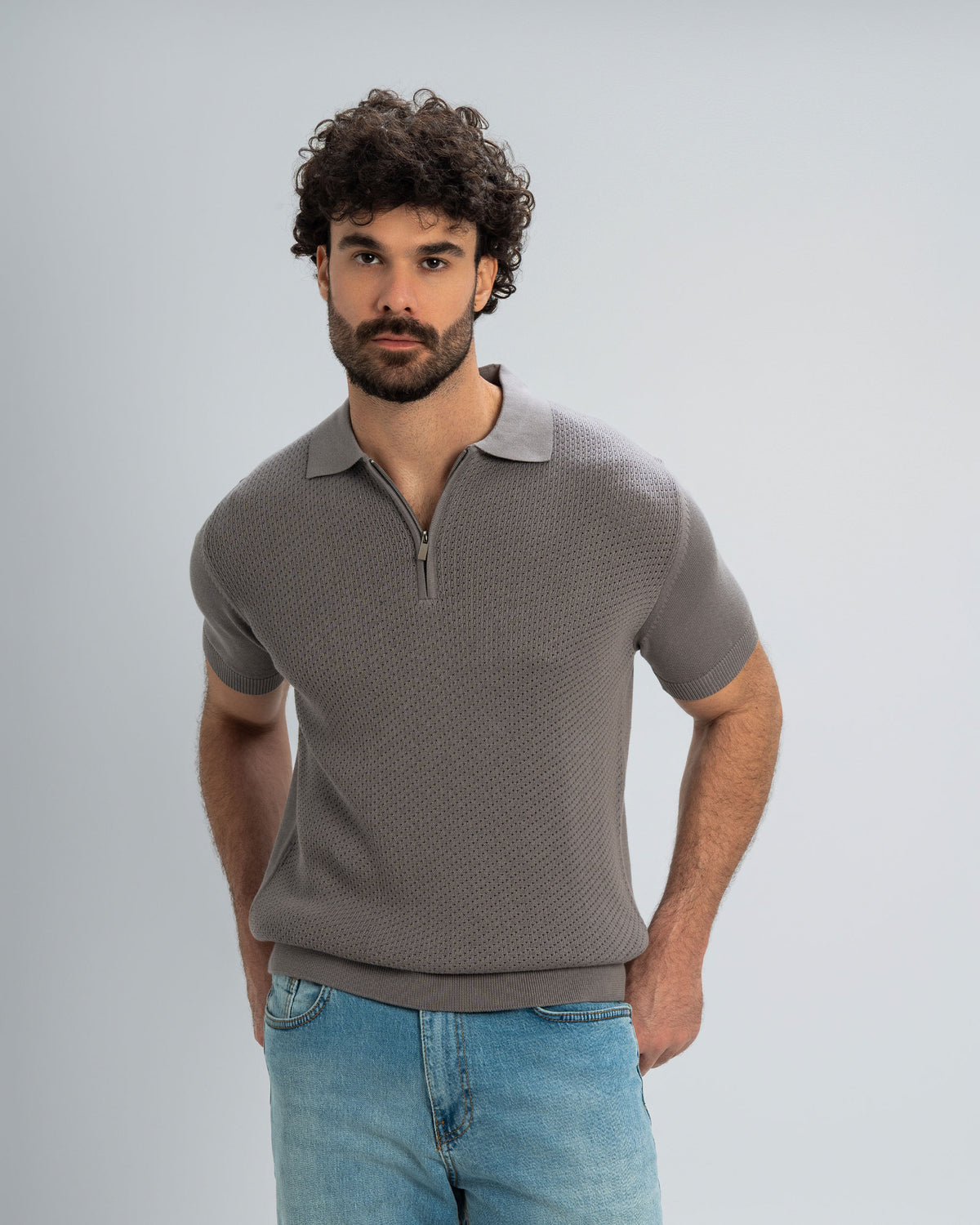TEXTURED KNIT POLO SHIRT With Zip