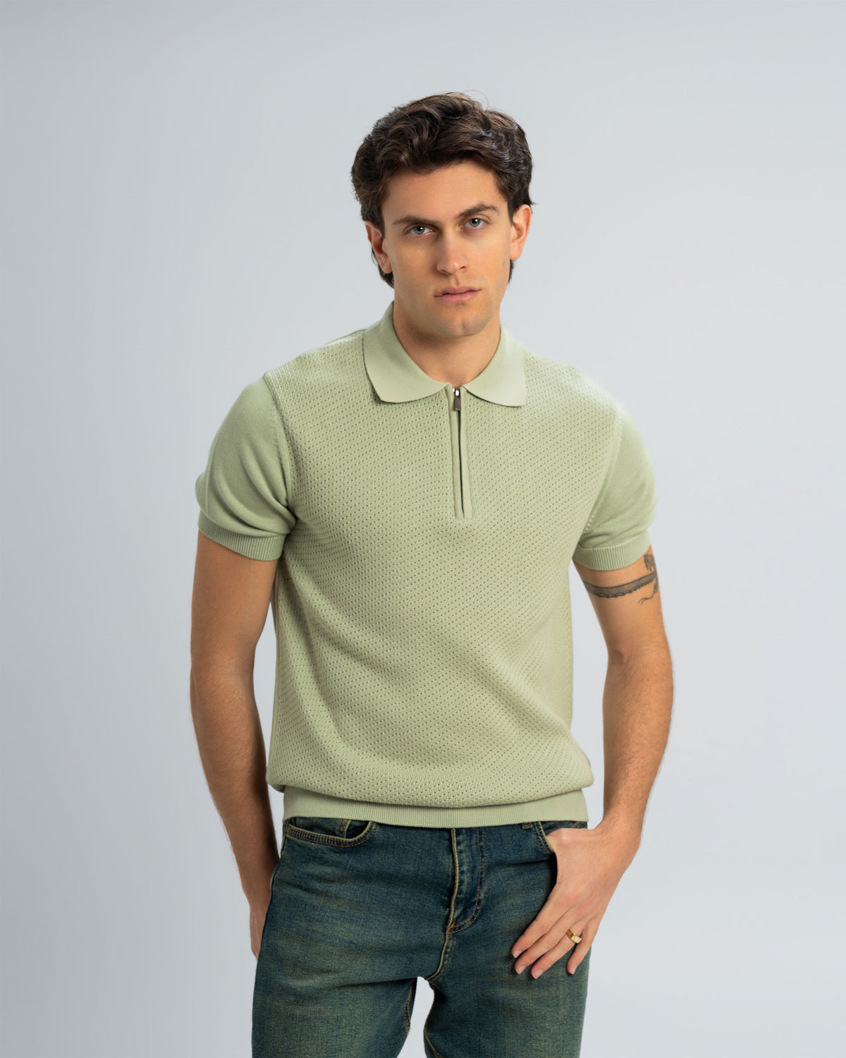 TEXTURED KNIT POLO SHIRT With Zip