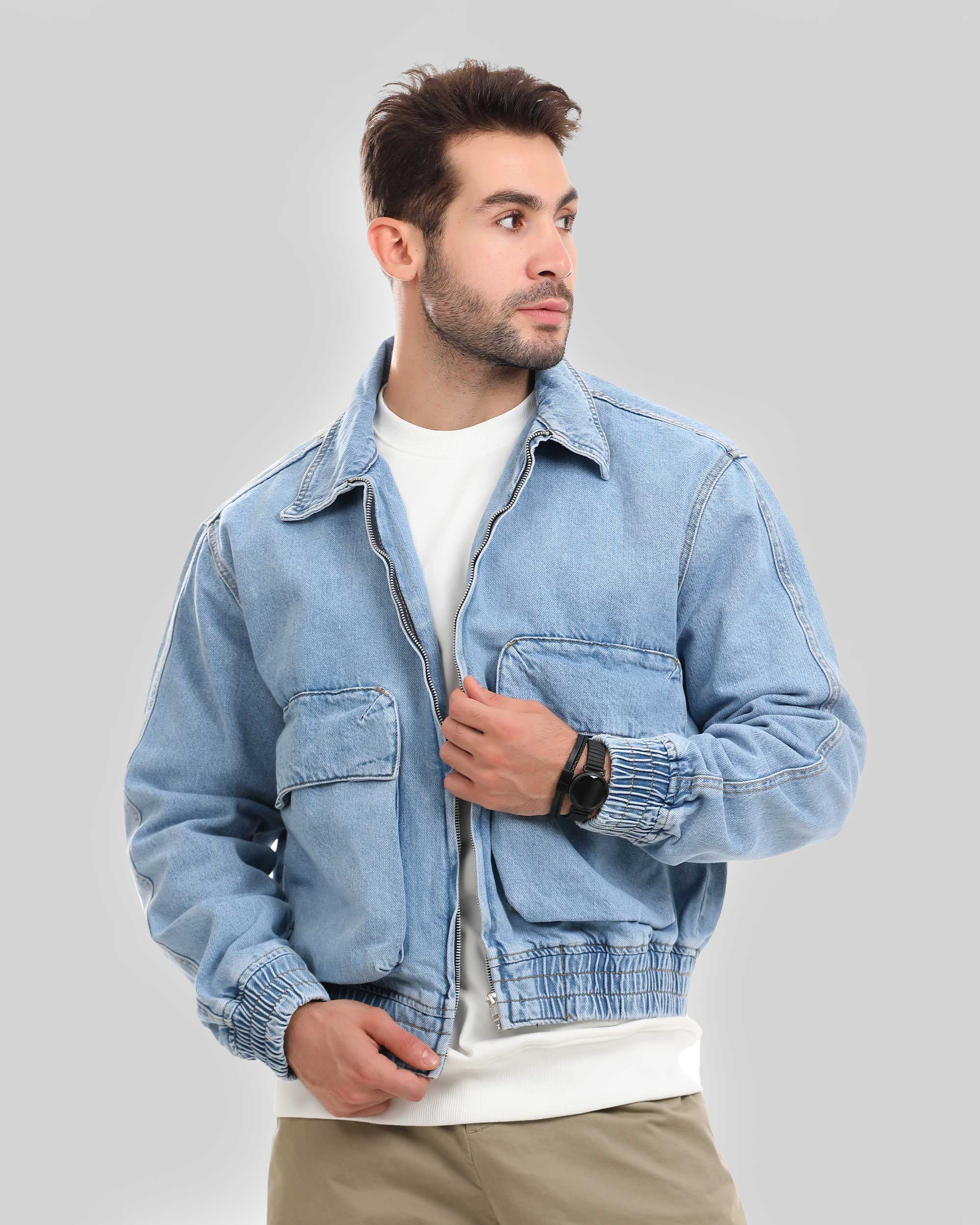 Denim Jacket with Zipper and Two Pockets